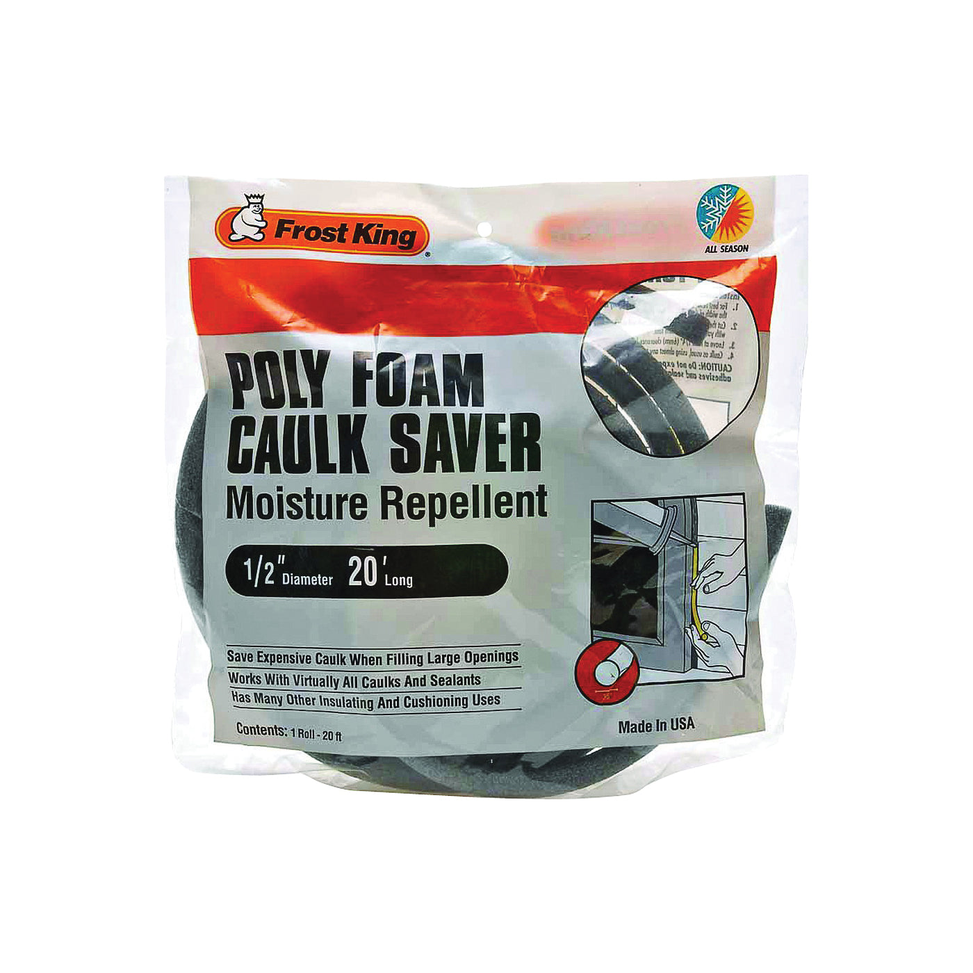 Frost King C22H Caulk Saver, 1/2 in Dia, 20 ft L, Polyfoam, Gray