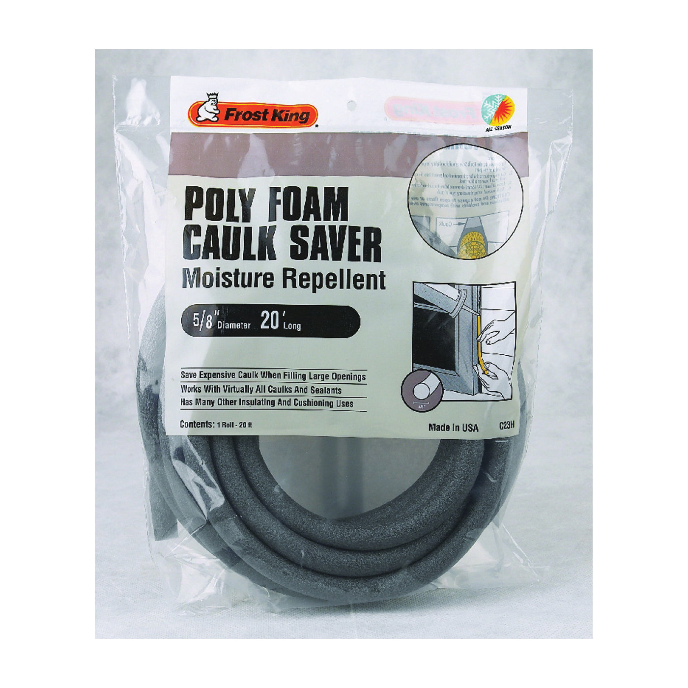 Frost King C23H Caulk Saver, 5/8 in Dia, 20 ft L, Polyfoam, Gray