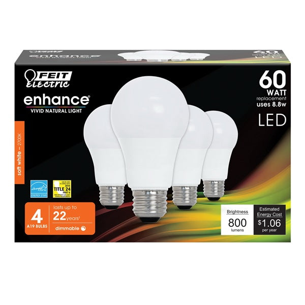 Feit Electric OM60DM/927CA/4 LED Lamp, General Purpose, A19 Lamp, 60 W Equivalent, E26 Lamp Base, Dimmable