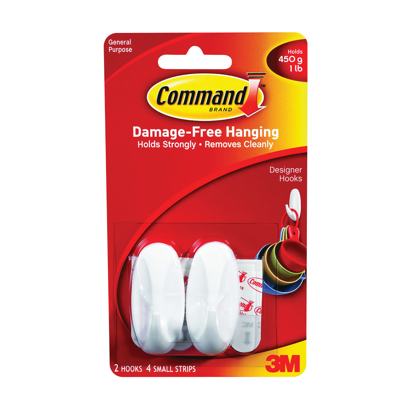 Command 17082 Designer Hook, 1/4 in Opening, 1 lb, 2-Hook, Plastic, White