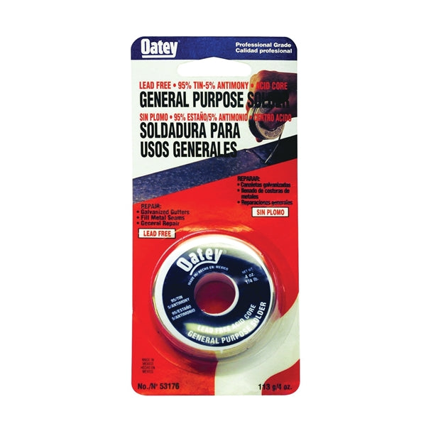 Oatey 53176 Acid Core Wire Solder, 1/4 lb Carded, Solid, Silver, 450 to 464 deg F Melting Point