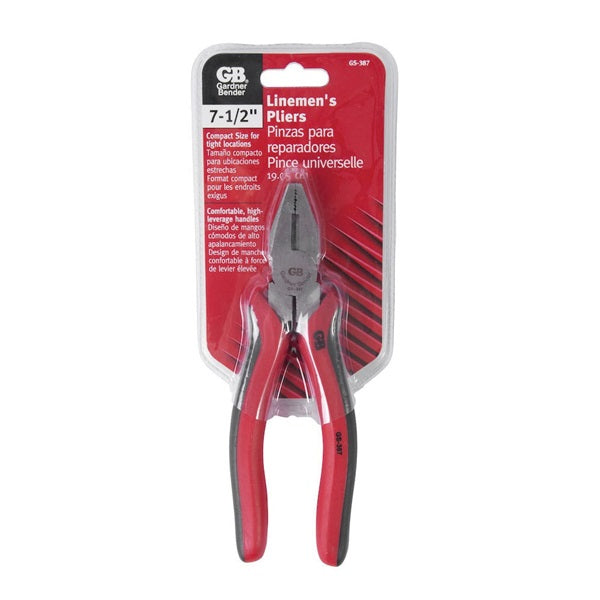 GB GS-387 Lineman's Plier, 7-1/2 in OAL, 1-1/4 in Jaw Opening, Red Handle, Comfort-Grip Handle