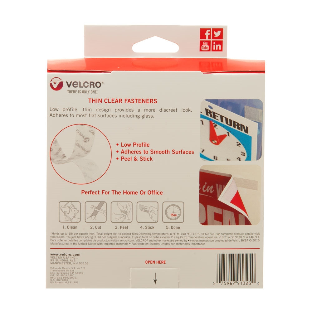 VELCRO Brand 91325 Fastener, 3/4 in W, 15 ft L, Clear, 5 lb