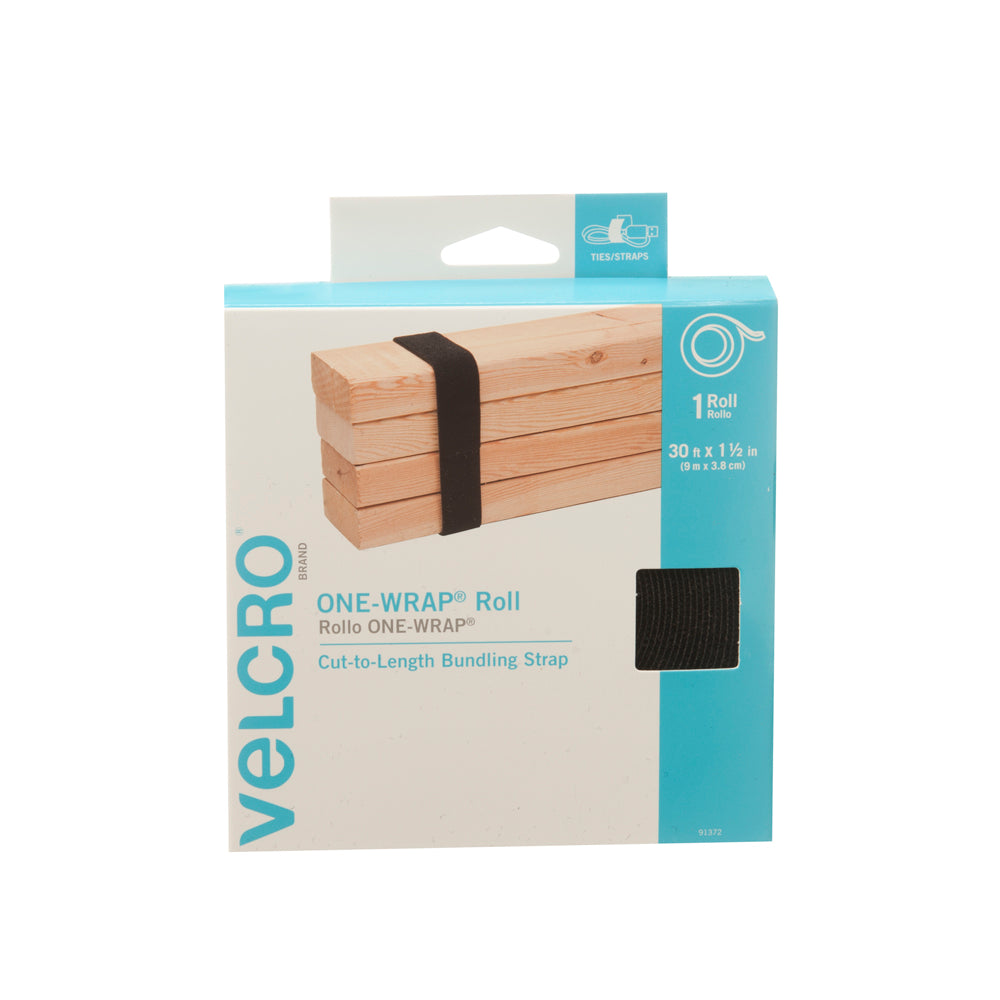 VELCRO Brand One Wrap 91372 Fastener, 1-1/2 in W, 30 in L, Nylon/Polypropylene, Black