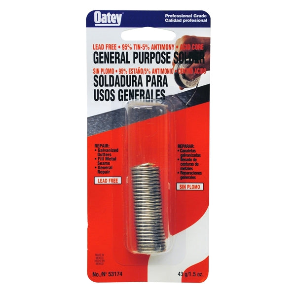 Oatey 53174 Acid Core Wire Solder, 1-1/2 oz Carded, Solid, Silver, 450 to 464 deg F Melting Point