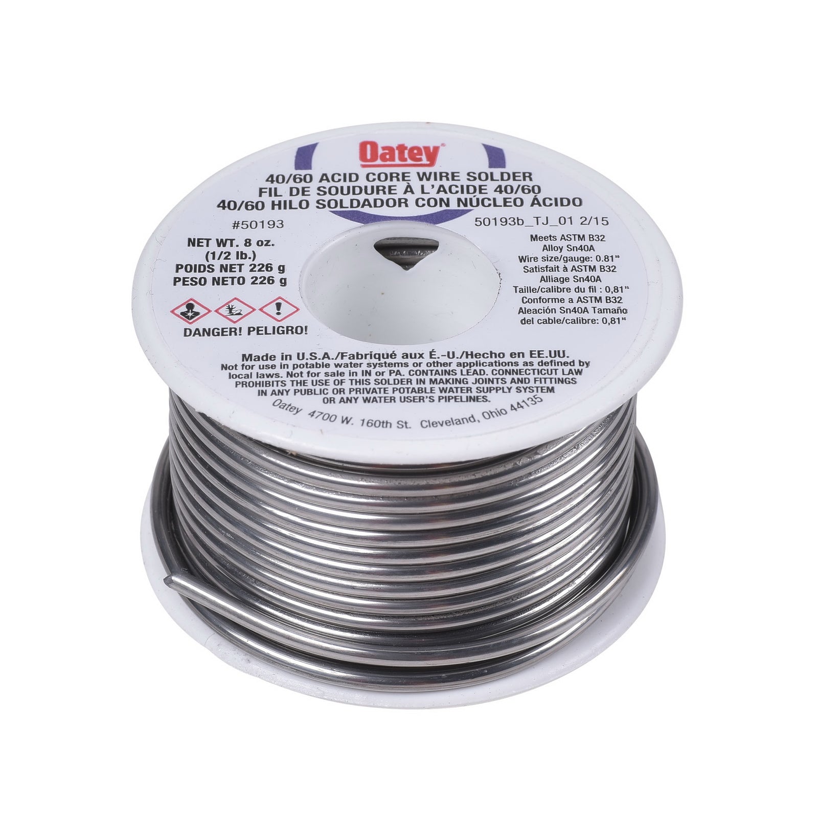 Oatey 50193 Acid Core Wire Solder, 1/2 lb, Solid, Silver, 360 to 460 deg F Melting Point