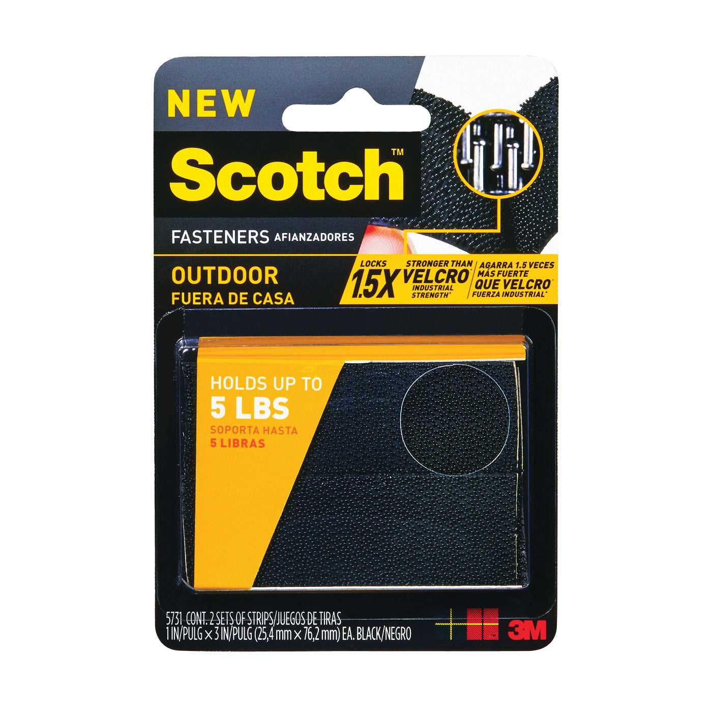 Scotch RF5731 Fastener, 1 in W, 3 in L, Black, 5 lb, Acrylic Adhesive