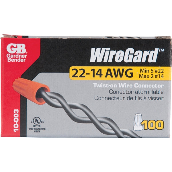 GB WireGard GB-3 10-003 Wire Connector, 22 to 14 AWG Wire, Steel Contact, Polypropylene Housing Material, Orange