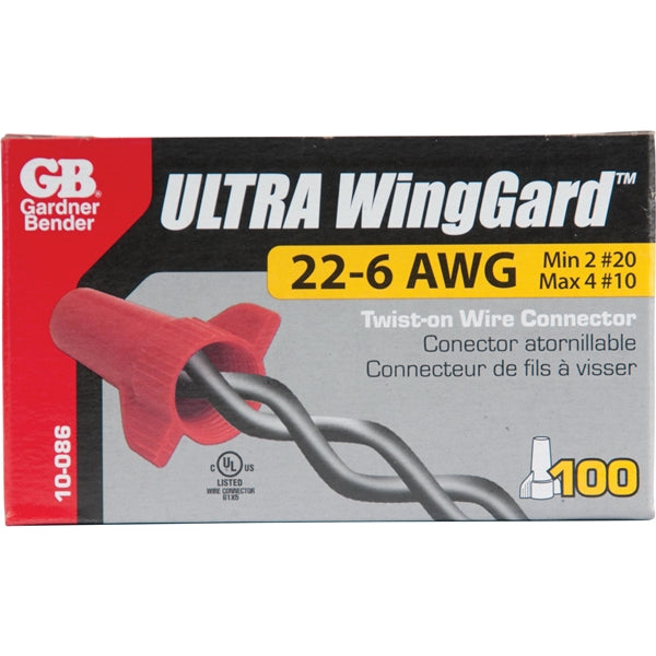 GB WingGard 86 10-086 Wire Connector, 22 to 6 AWG Wire, Steel Contact, Polypropylene Housing Material, Red