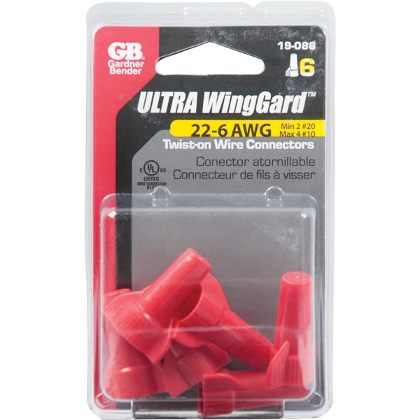 GB WingGard 19-086 Wire Connector, 22 to 6 AWG Wire, Steel Contact, Thermoplastic Housing Material, Red
