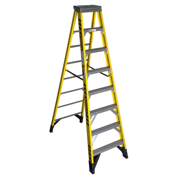 WERNER 7308 Step Ladder, 8 ft H, Type IAA Duty Rating, Fiberglass, 375 lb