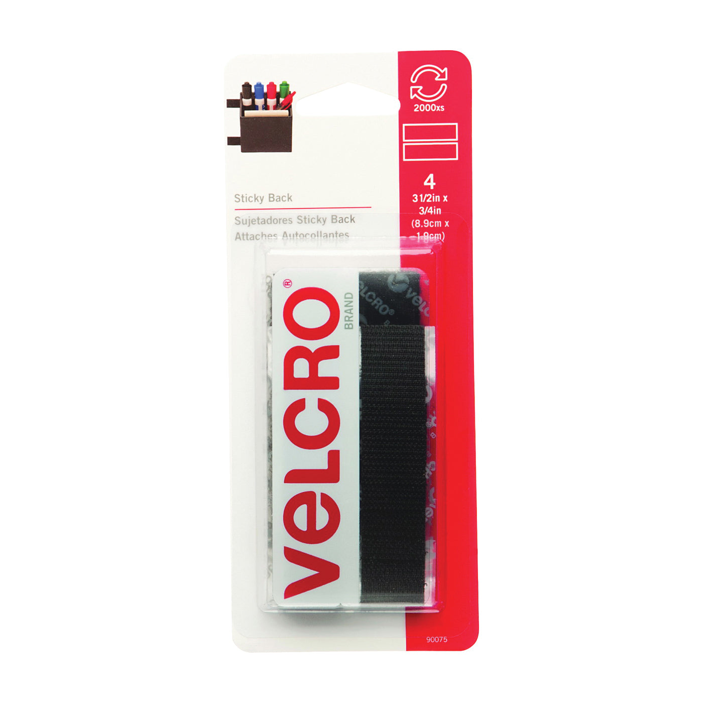 VELCRO Brand 90075 Fastener, 3/4 in W, 3-1/2 in L, Nylon, Black, Rubber Adhesive