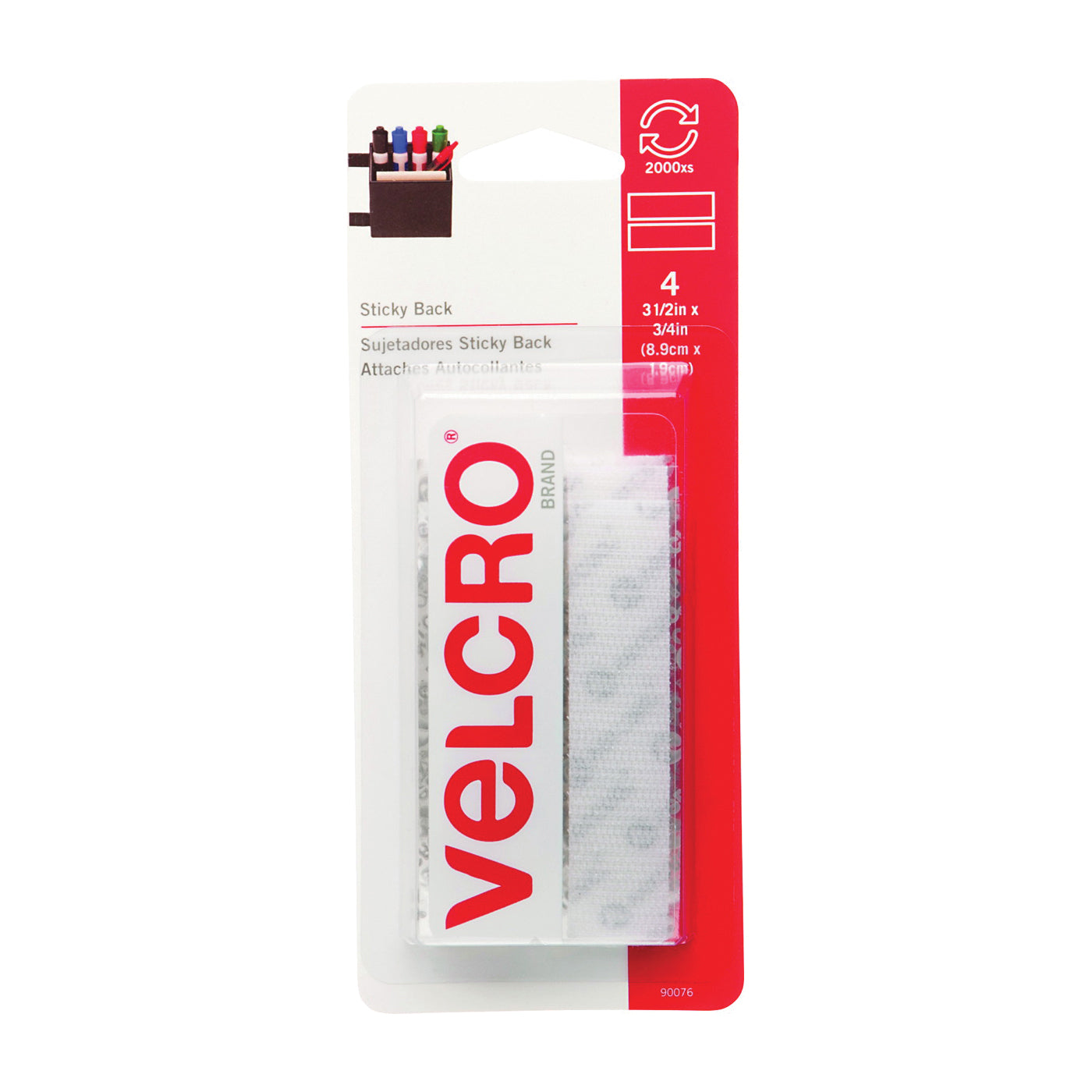 VELCRO Brand 90076 Fastener, 3/4 in W, 3-1/2 in L, Nylon, White, Rubber Adhesive