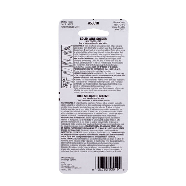 Oatey 53010 Leaded Solder, 1 oz Carded, Solid, Silver, 361 to 421 deg F Melting Point