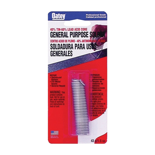 Oatey 53011 Acid Core Wire Solder, 1.5 oz Carded, Solid, Silver, 360 to 460 deg F Melting Point