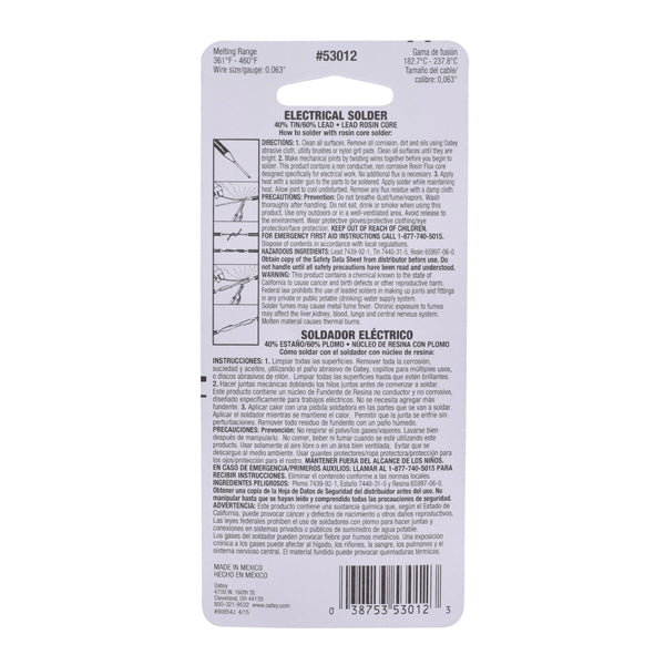 Oatey 53012 Rosin Core Solder, 1 oz Carded, Solid, Silver, 361 to 460 deg F Melting Point