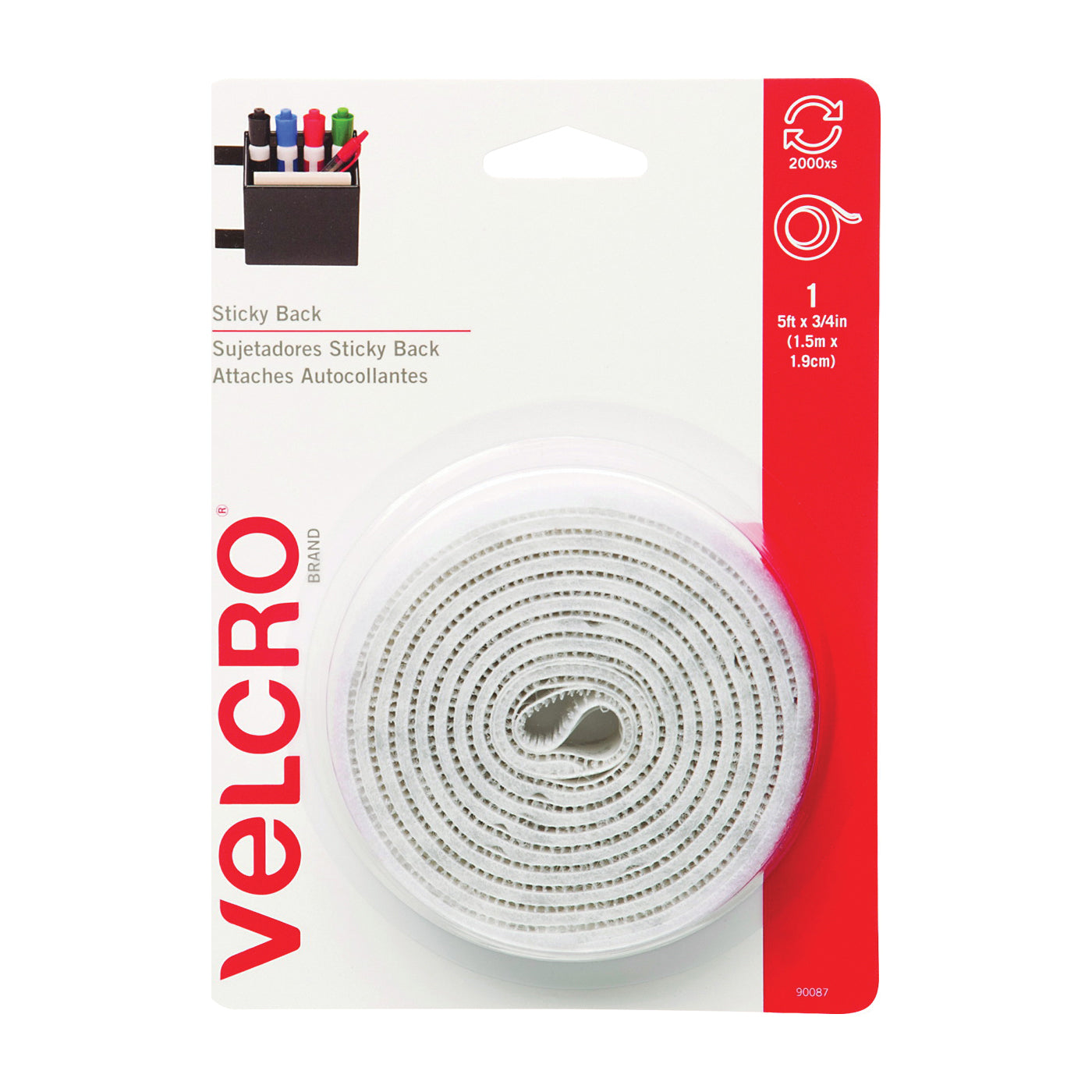 VELCRO Brand 90087 Fastener, 3/4 in W, 5 ft L, Nylon, White, 5 lb, Rubber Adhesive