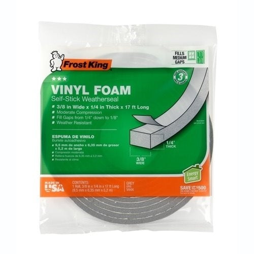 Frost King V444H Foam Tape, 3/8 in W, 17 ft L, 1/4 in Thick, Vinyl, Gray