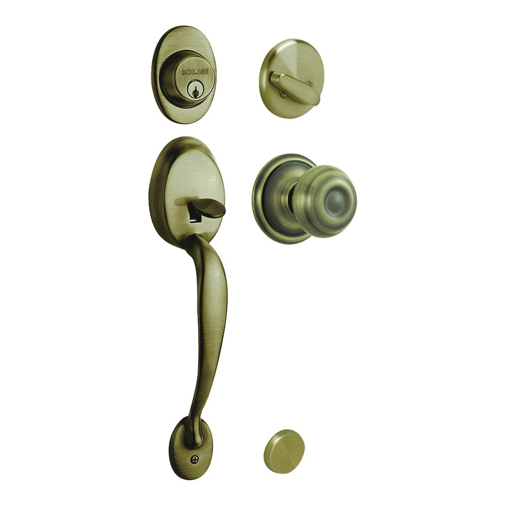 Schlage F60PLYXGEO609 Handleset, 1 Grade, Keyed Different Key, Brass, Antique Brass, 2-3/8 x 2-3/4 in Backset, C Keyway