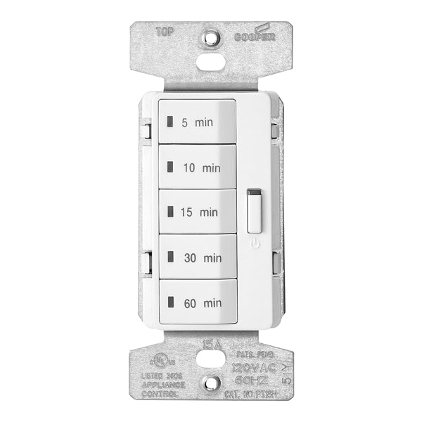 Eaton Wiring Devices PT18M-W-K Minute Timer, 15 A, 120 V, 1800 W, 5, 10, 15, 30, 60 min Off Time Setting, White