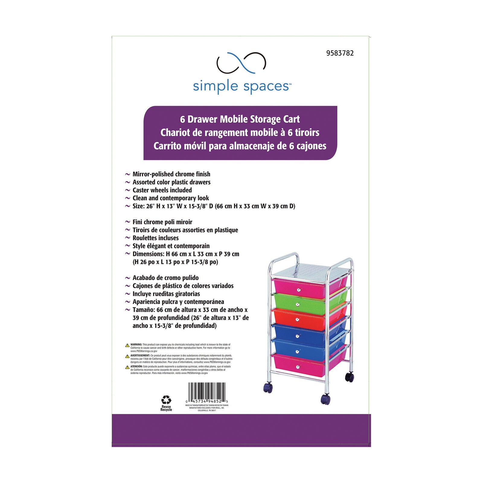 Simple Spaces G006-CH Storage Cart, 13 in OAW, 26 in OAH, 15-3/8 in OAL, 6-Shelf, Blue/Green/Orange/Pink Shelf