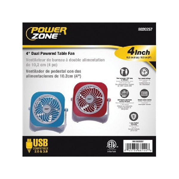 PowerZone QT-U403B Tabletop Fan, 5 VDC, 4 in Dia Blade, 5-Blade, 2-Speed, 48 in L Cord, White/Blue OR White/Red