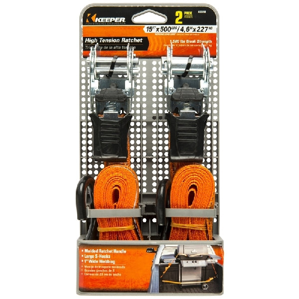 KEEPER 45518 Tie-Down, 1 in W, 15 ft L, Orange, 500 lb Working Load, S-Hook End