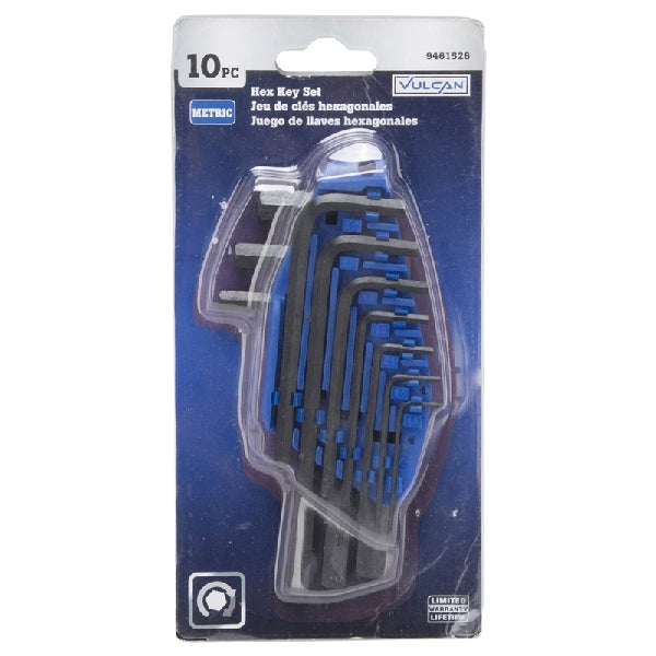 Vulcan TW-050-03 Hex Key Set, 10-Piece, Chrome Vanadium Steel, Black, Specifications: Short Arm, Metric Measurement
