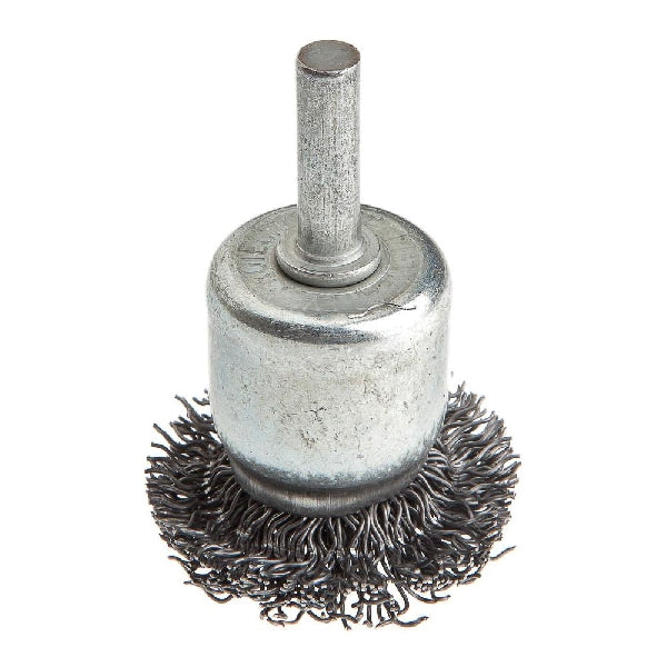 Forney 72267 Circular Flare End Brush, 1-1/2 in Dia, 1/4 in Arbor/Shank, Crimped Bristle, 0.02 in Dia Bristle