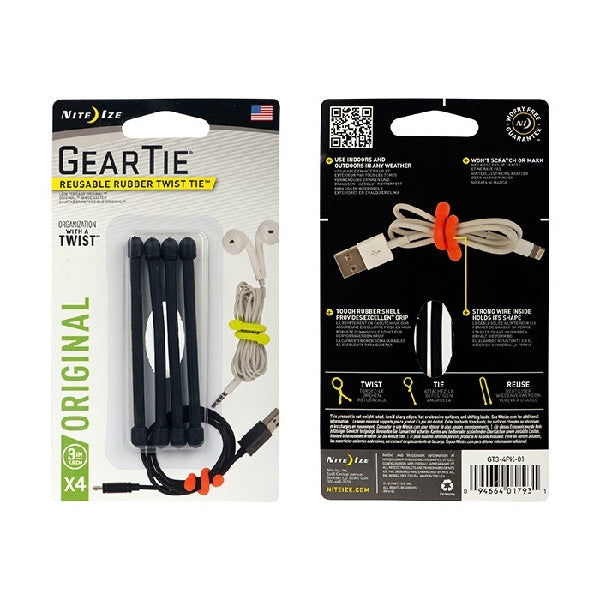 Gear Tie GT3-4PK-01 Twist-Tie, 0.24 in Dia, 3 in L, Rubber/Steel, Black