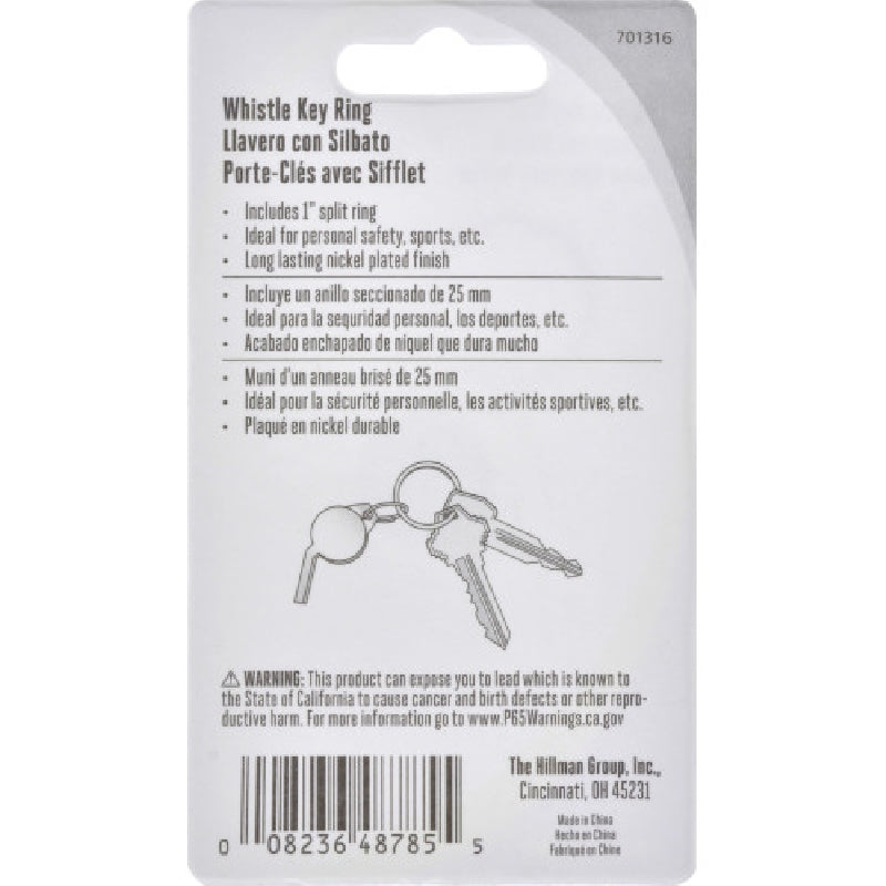 HILLMAN 701316 Whistle Key Ring, 1 in Ring, Stainless Steel Case, Nickel-Plated