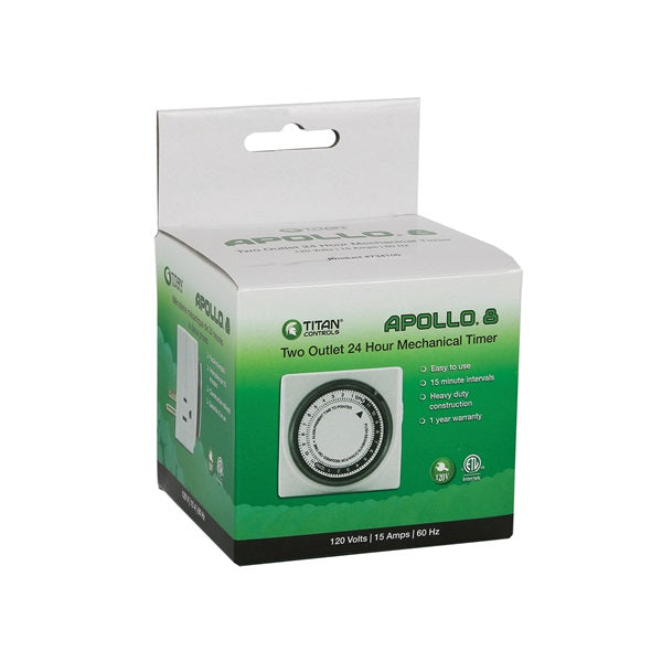TITAN CONTROLS Apollo 8 HGC734100 Mechanical Timer, 15 A, 120 V, 1800 W, 2 -Outlet, 15 min Time Setting