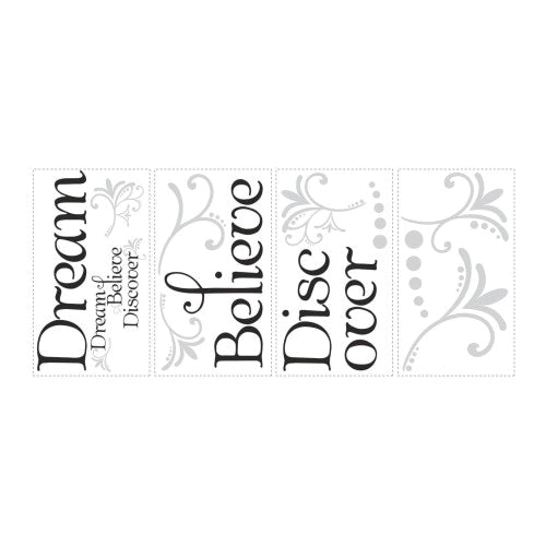 RoomMates RMK2082SCS Wall Decal, 18 in L, 10 in W, Dream, Believe, Discover, Multi-Color