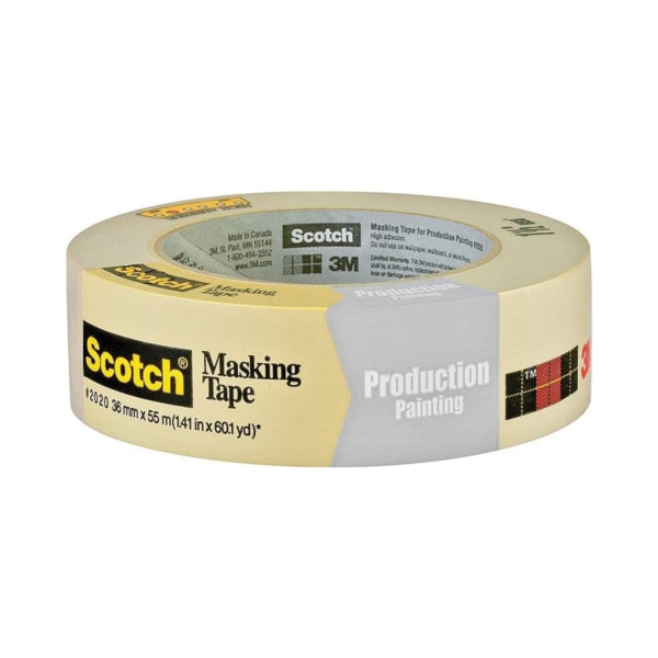 Scotch 2020-1.5A Masking Tape, 60 yd L, 1-1/2 in W, Crepe Paper Backing, Beige