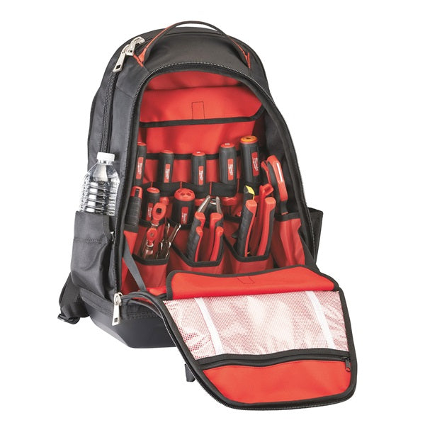 Milwaukee 48-22-8200 Jobsite Backpack, 9 in W, 24.4 in D, 15.4 in H, 35-Pocket, Nylon, Black/Red