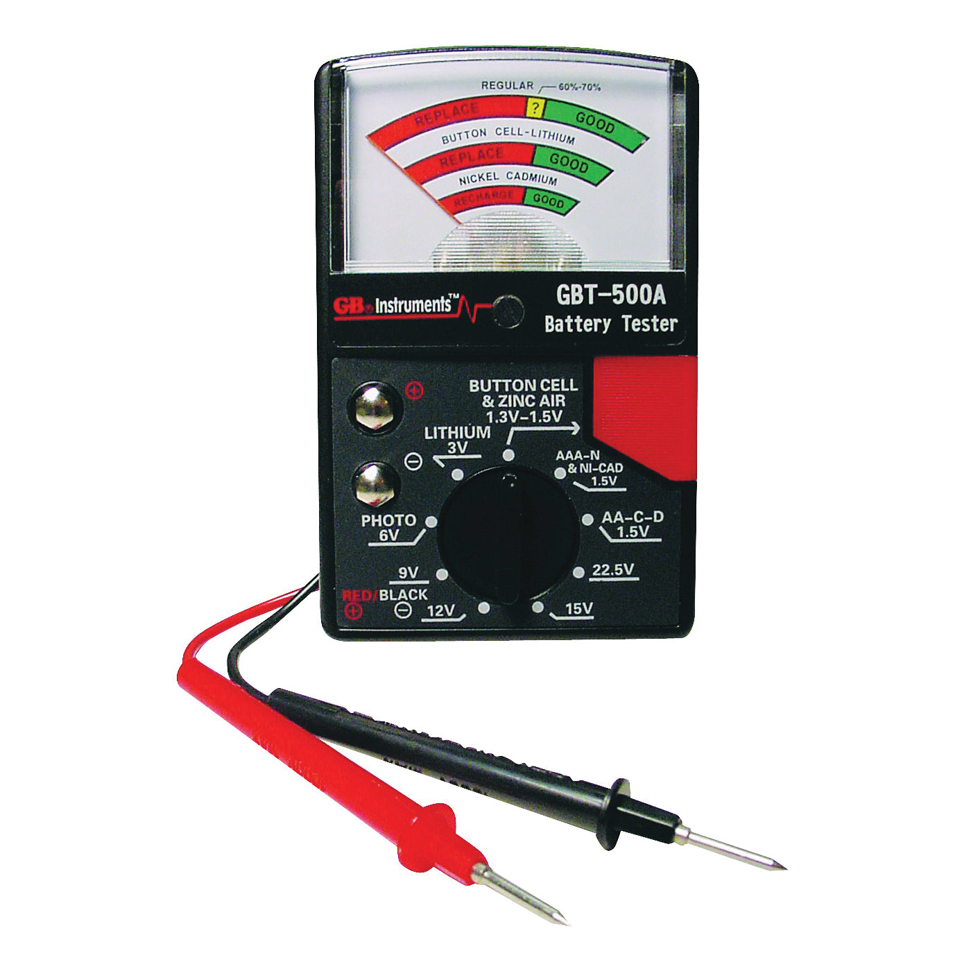 GB GBT-500A Battery Tester, 1.5 to 22.5 V, Analog Display, Black