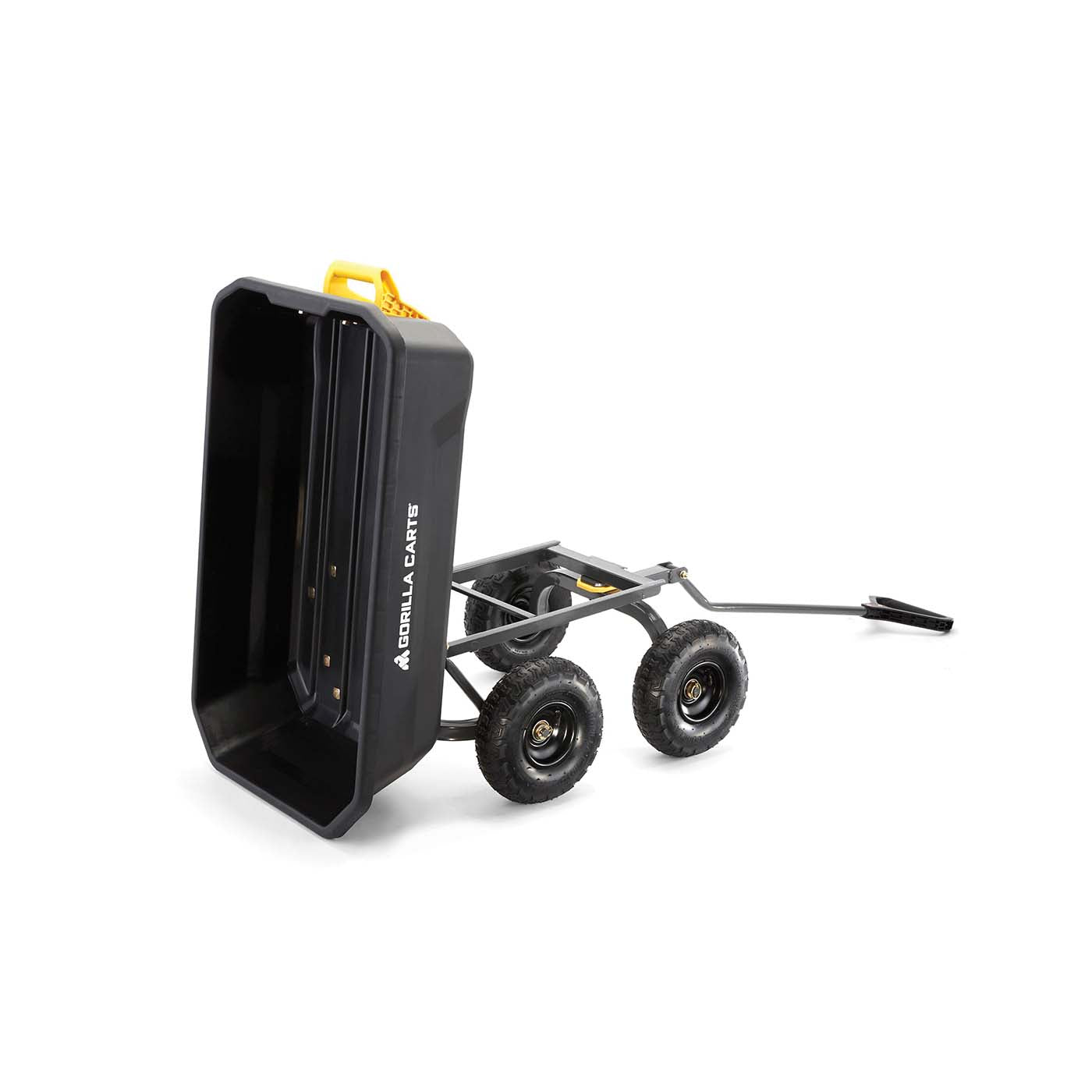Gorilla Carts GOR4PS Dump Cart, 600 lb, 36 in L x 20 in W Deck, Poly Deck, 4-Wheel, 10 in Wheel, Pneumatic Wheel, Black