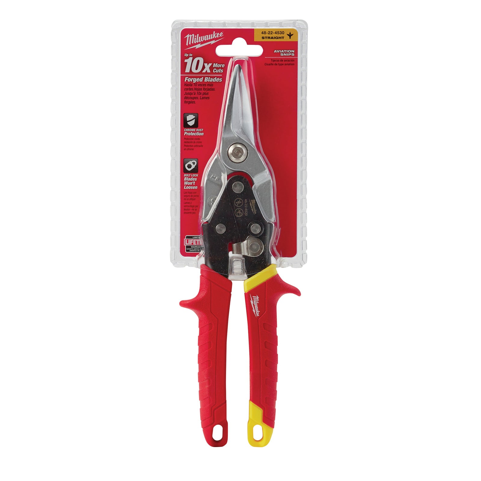 Milwaukee 48-22-4530 Aviation Snips, 10 in OAL, 5 in L Cut, Straight Cut, Steel Blade, Ergonomic Grip Handle, Red Handle