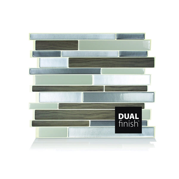 Smart Tiles SM1050-1 Wall Tile, 10.2 in L, 9.63 in W, Vinyl, Beige/Brown/Gray, Milano Argento