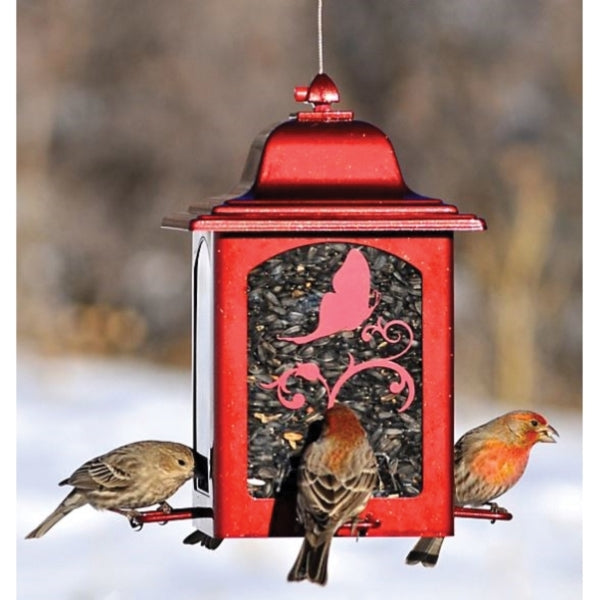 Perky-Pet 363R Lantern Bird Feeder, Screen-Printed Butterfly, 3 lb, 4 -Port/Perch, Red, 10-1/4 in H
