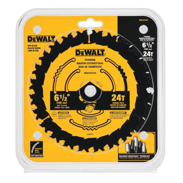 DeWALT DWA161224 Circular Saw Blade, 6-1/2 in Dia, 5/8 in Arbor, 24-Teeth, Tungsten Carbide Cutting Edge
