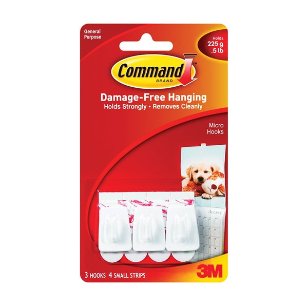 Command 17066 Adhesive Hook, 0.5 lb, 3-Hook, Plastic, White