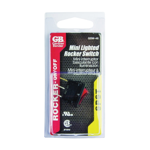 GB GSW GSW-48 Rocker Switch, 10/13 A, 125/250 V, SPST, 0.52 x 0.77 in Panel Cutout, Nylon Housing Material, Black