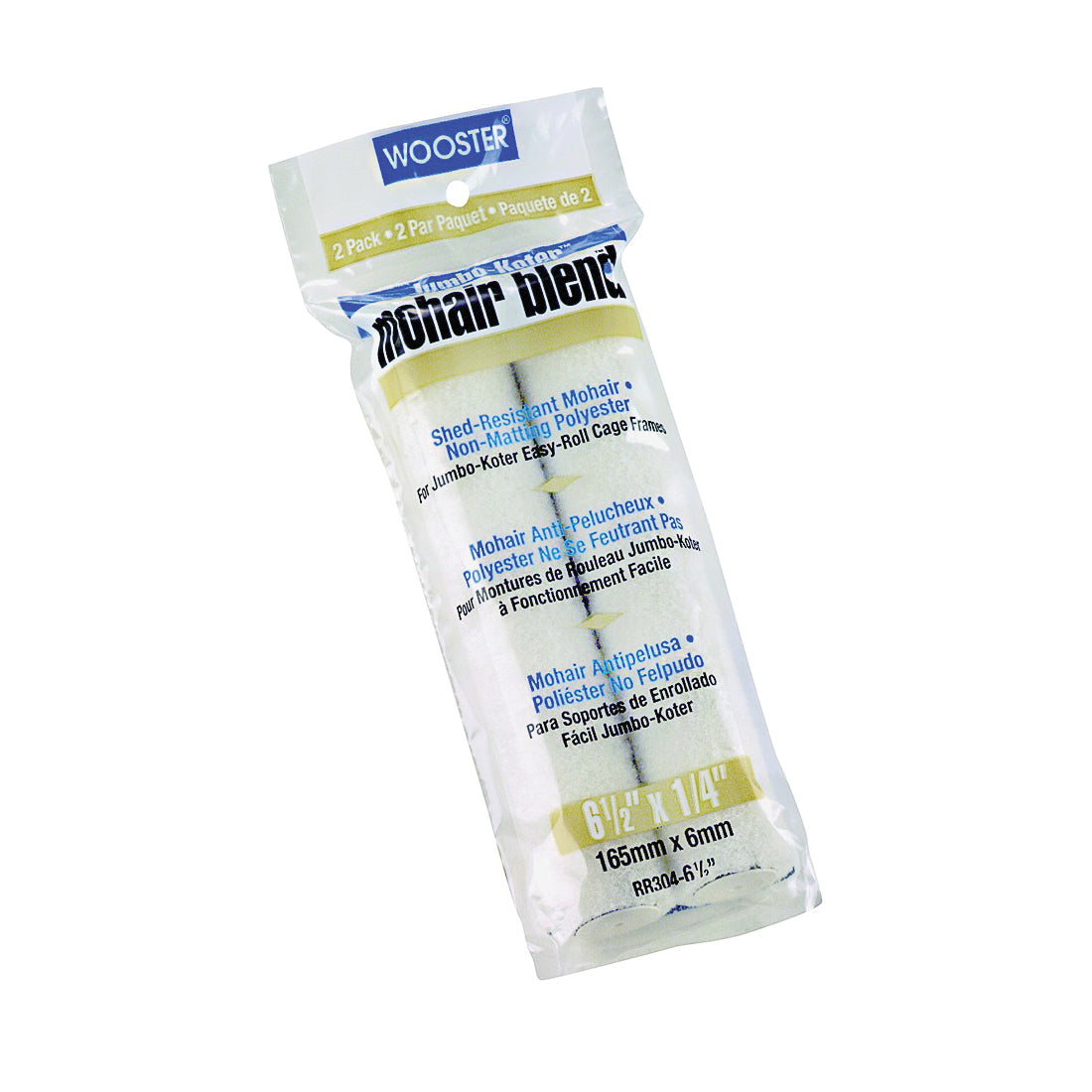 WOOSTER RR304-6 1/2 Paint Roller Cover, 1/4 in Thick Nap, 6-1/2 in L, Mohair Fabric Cover, White