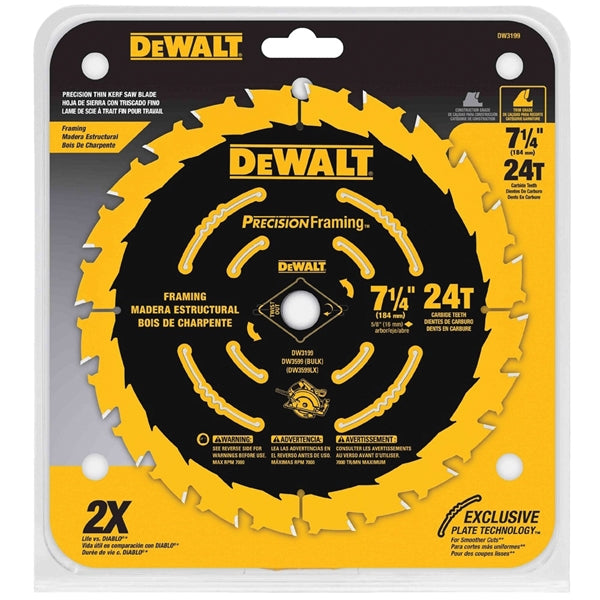 DeWALT DW7112PT Precision Saw Blade, 7-1/4 in Dia, 24-Teeth, Carbide Cutting Edge, Applicable Materials: Wood