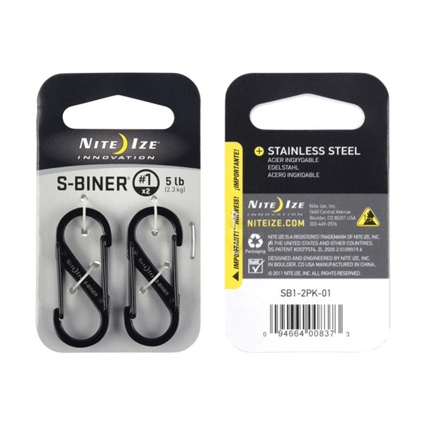 Nite Ize S-Biner Series SB1-2PK-01 Dual Carabiner, #1 Dia Ring, Stainless Steel, Black