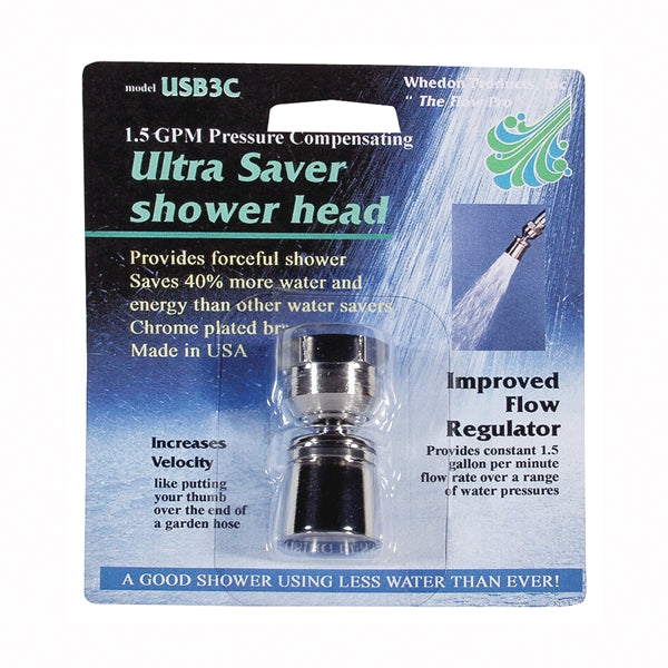 Whedon Ultra Saver Series USB3C Shower Head, 1.5 gpm, 1/2 in Connection, Female, Brass, Chrome, 1 in Dia