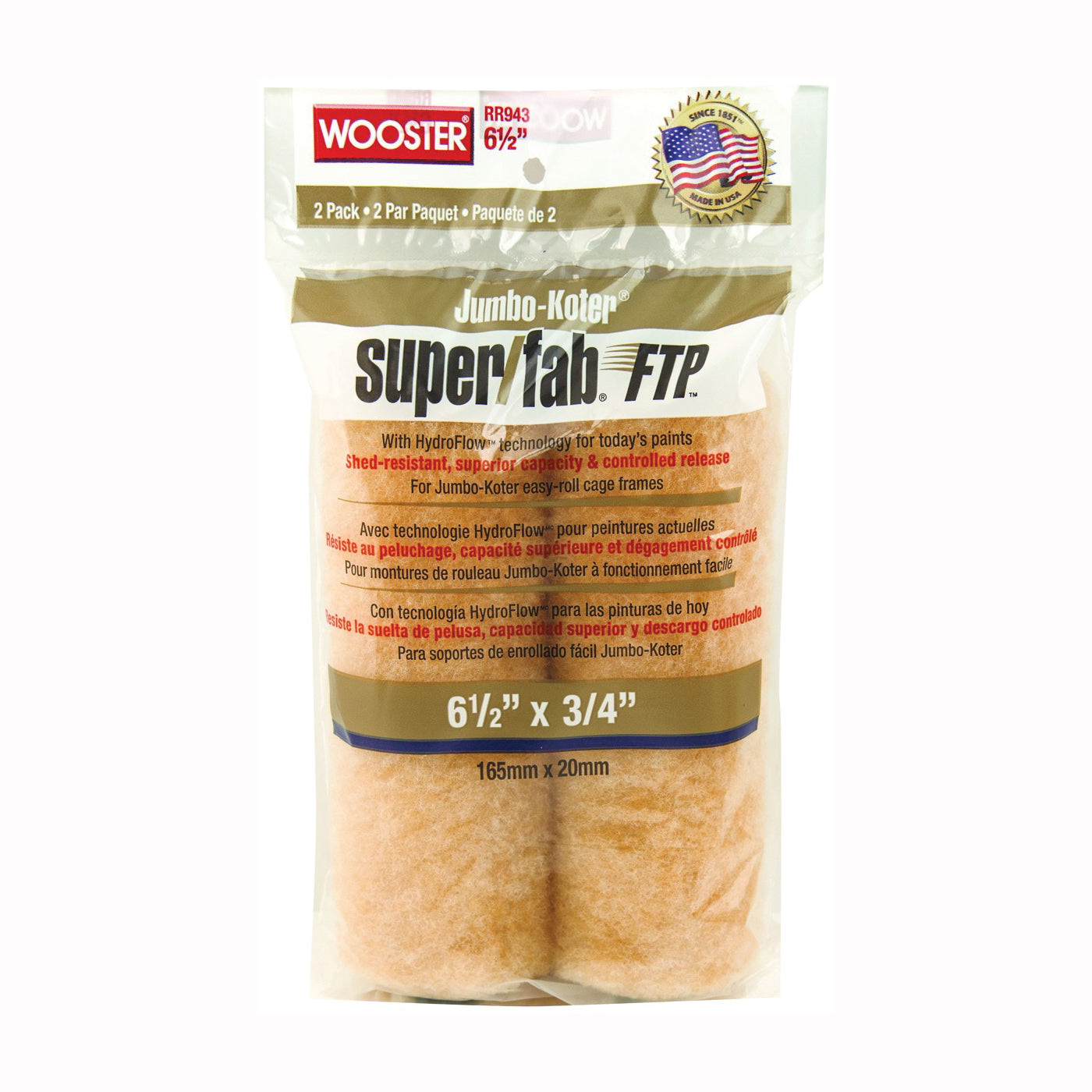 WOOSTER RR943-6 1/2 Paint Roller Cover, 3/4 in Thick Nap, 6-1/2 in L, Fabric Cover, Lager