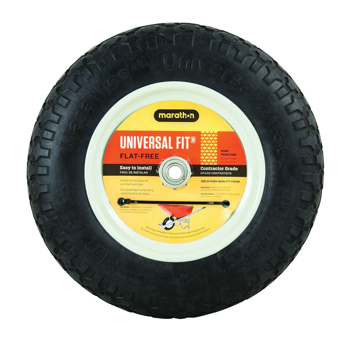 MTD 00270 Wheelbarrow Wheel, 14-1/2 in Dia Tire, Knobby Tread, Polyurethane Tire