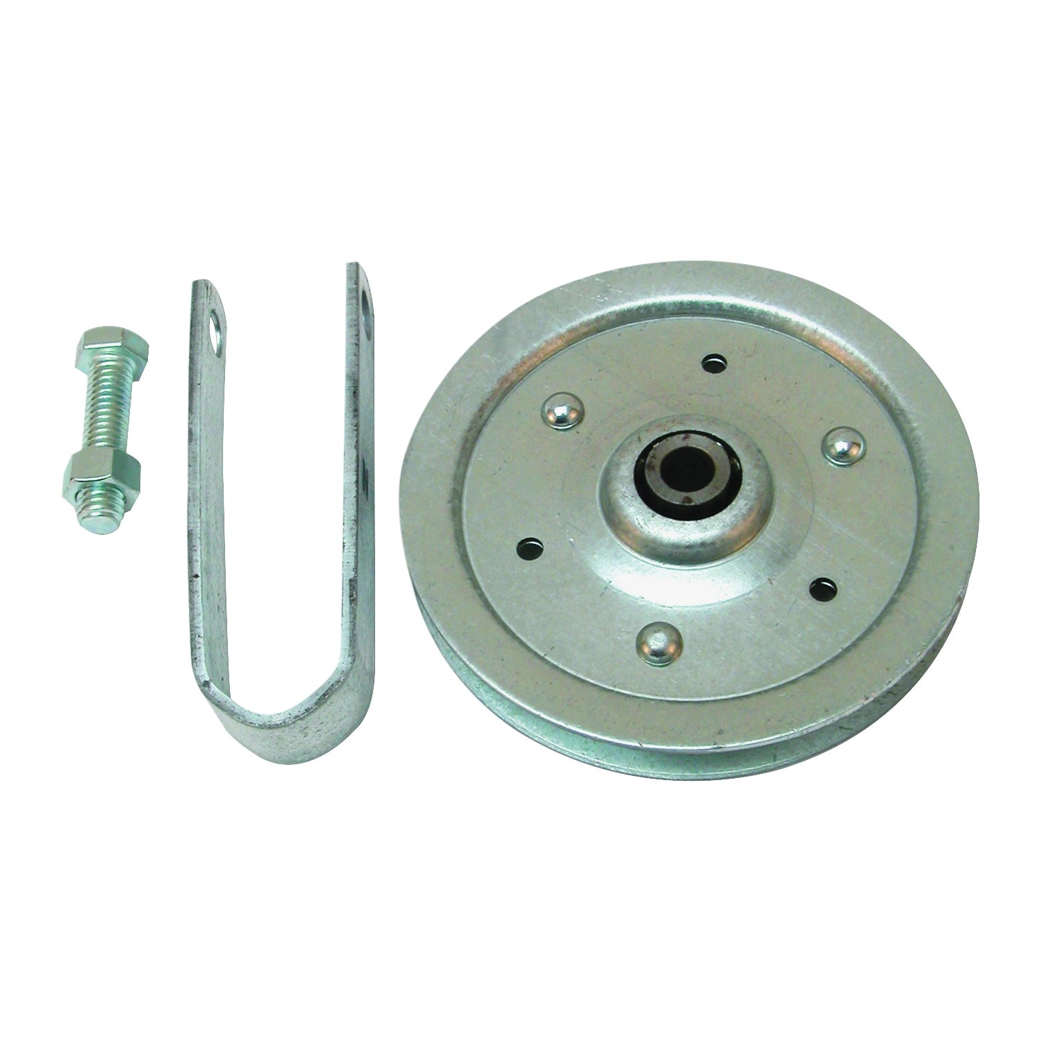 Prime-Line GD 52108 Pulley with Strap and Axle Bolt, 4 in Dia, 3/16 in Dia Bore, Galvanized Steel